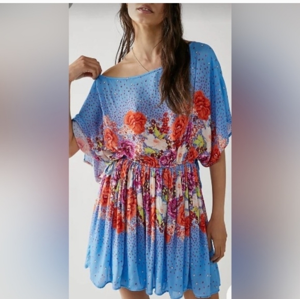 Free People Botanical Borders Mini Dress Blue Floral Boho Dolman Sleeve Medium